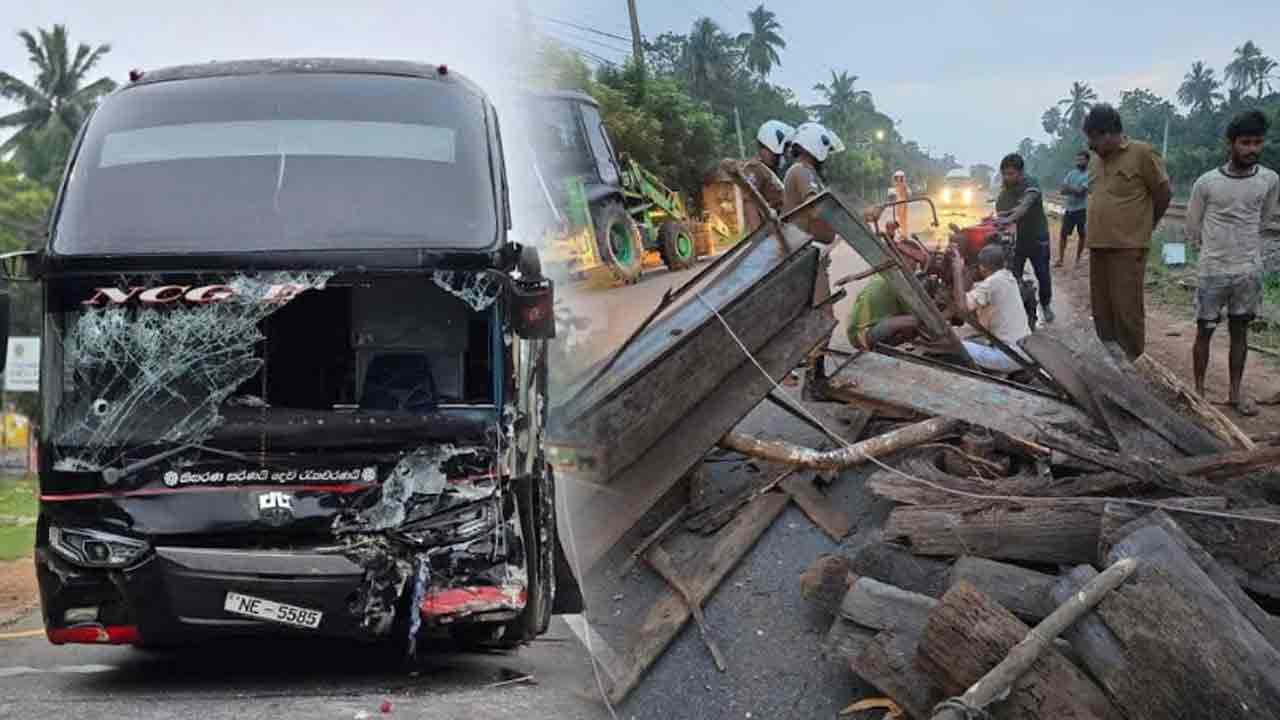 அதி சொகுசு பேரூந்தும் உழவு இயந்திரமும் மோதி விபத்து 