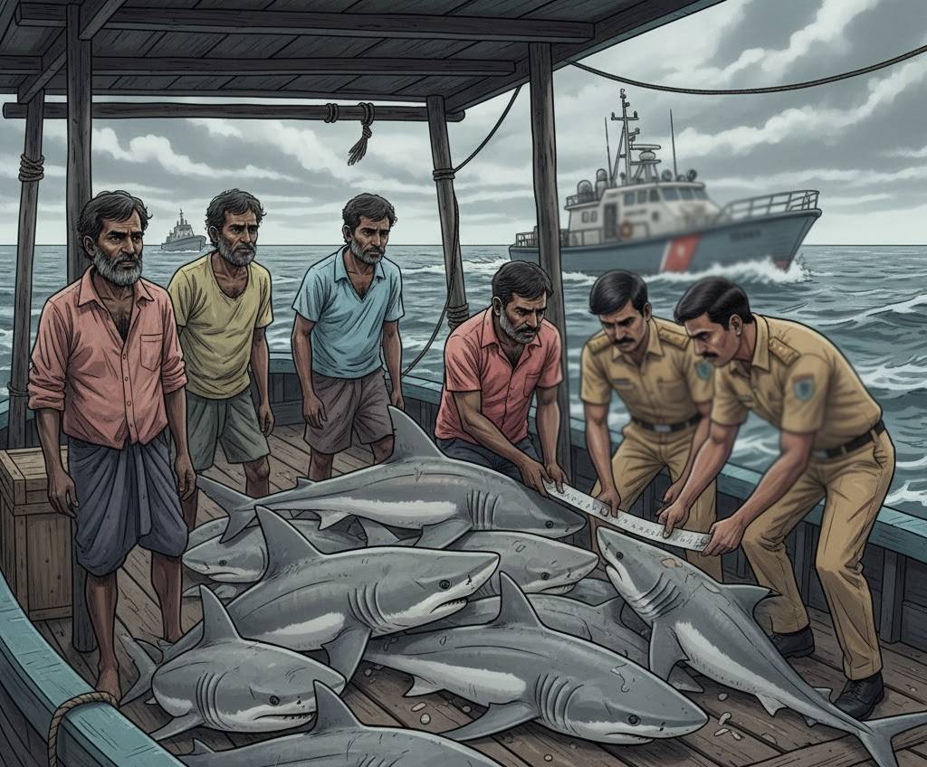850 கிலோ கிராம் சுறா மீன் இறைச்சியுடன் ஆறு மீனவர்கள் கைது